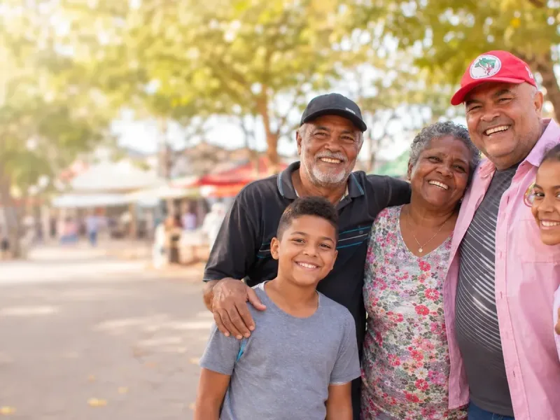 Zé do Coco ao lado de uma família em uma feira do Distrito Federal